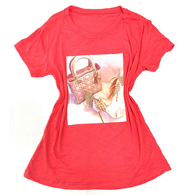 Camiseta Feminina T-Shirt Coral Bolsa e Sapato