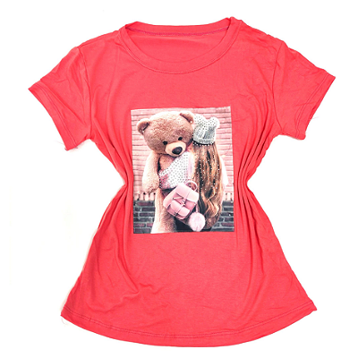 Camiseta Feminina T-Shirt Coral Menina e Urso