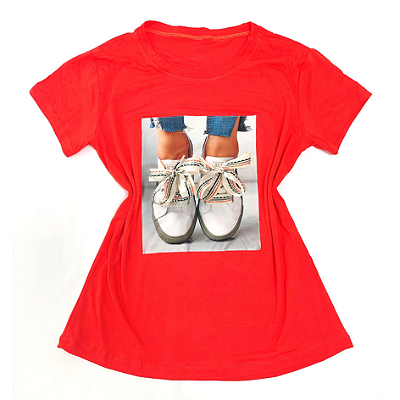 Camiseta Feminina T-Shirt Laranja Tênis Laço
