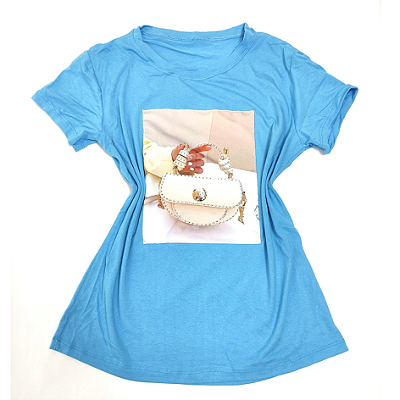 Camiseta Feminina T-Shirt Azul Claro Bolsa Branca