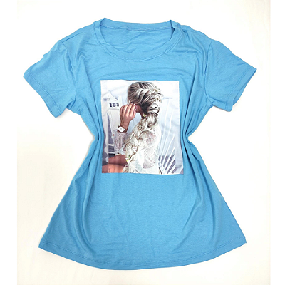 Camiseta Feminina T-Shirt Azul Claro Mulher Trança