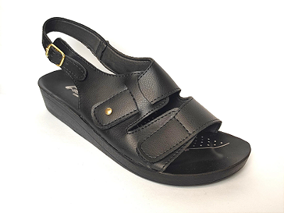 Sandália Confort Preto Ortopédica com Tiras Dupla em Velcro e Tira Calcanhar