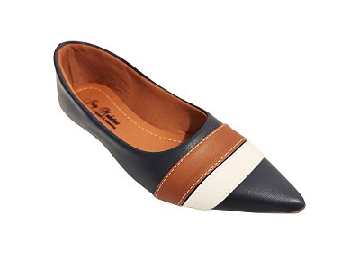 Sapatilha Azul Marinho Alongada com Faixas Caramelo e Branco