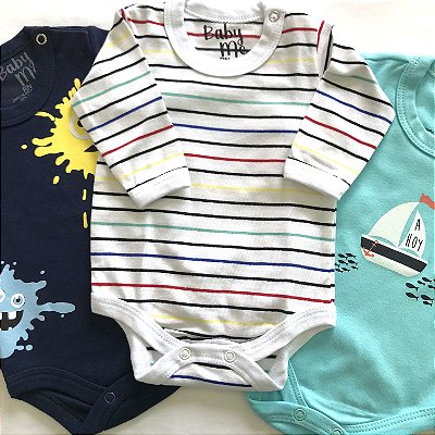 Kit de 3 Bodies Bebê Meninos - Listrado, Ahoy e Tinta e Calça Marinho