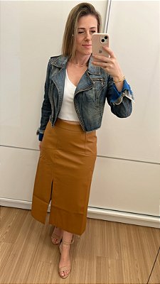 Saia Midi Couro Like Recortes Caramelo