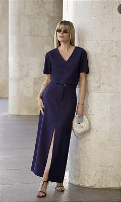 Saia Longa Marrant Fenda Fronta Azul Marinho