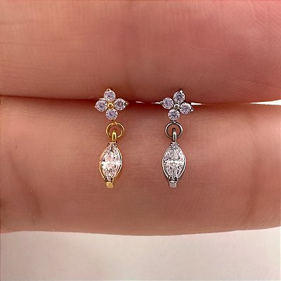 LABRET TITÂNIO 4 PÉTALAS PINGENTE OVAL ZIRCÔNIA