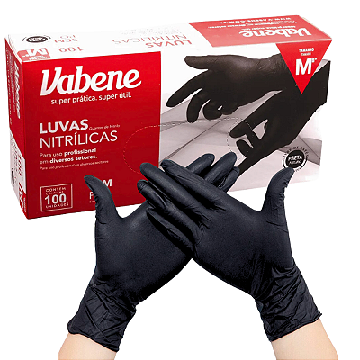 Luva Nitrílica Preta Sem Pó Vabene Tamanho M - 100 Unidades