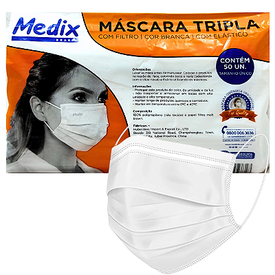Máscara Cirúrgica Descartável Tripla Camada Branca com Filtro, Elástico e Clipe Nasal (50 un)