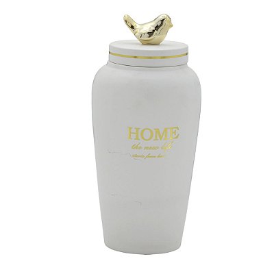 Potiche Pote Decorativo Branco Tampa de Pássaro Dourado Grande