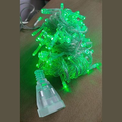 Pisca LED Verde 100 Lâmpadas Luz Fixa 127V com Conector M/F Fio Transparente Cromus