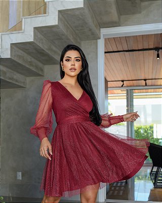 Vestido Jardim Marsala Midi de Brilho