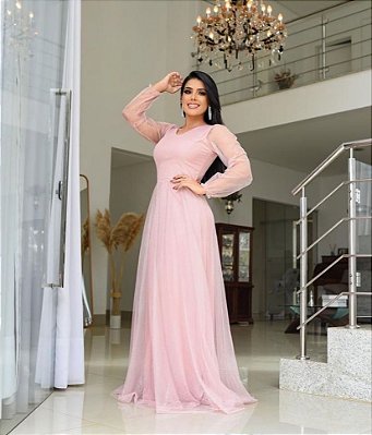 Vestido Rosa Claro Tule de Brilho Gola Redonda