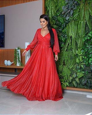 Vestido Punho de Tule com brilho Dubai Vermelho