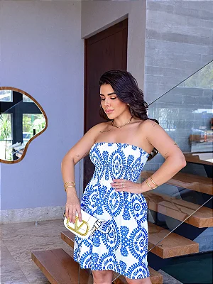 Vestido Verão Estampado Azul Tomara que Caia Com Elastico