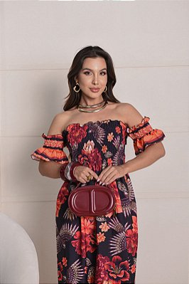 Vestido feminino longo floral brasilidade moda inspiração Farm ombro a ombro