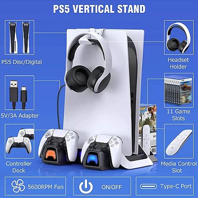 Suporte PS5 com Carregamento Dualsense Cooler de Exaustão Porta 11 Jogos e Controle de Mídia