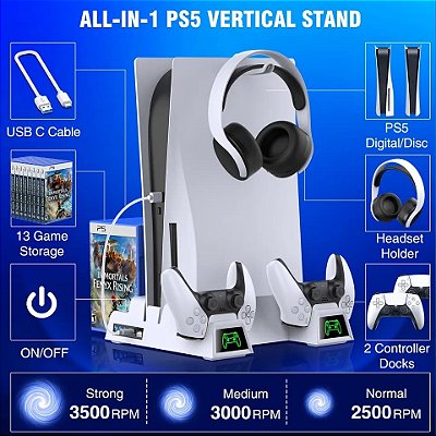 Suporte PS5 Series Carregamento e Cooler de Exaustão Porta Jogos