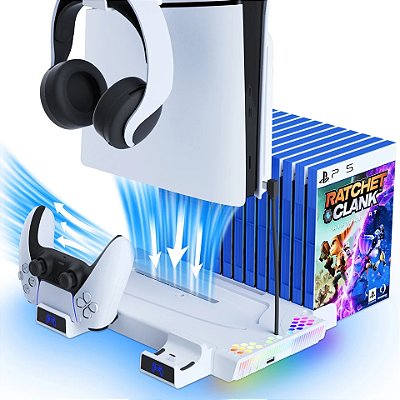 Suporte PS5 Slim Carregamento Refrigeração RGB Com Porta Jogo Saitake