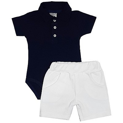 Conjunto Bebê Body Polo Azul Marinho + Shorts Branco