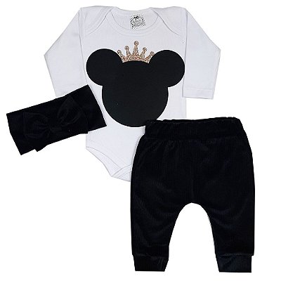 Conjunto Bebê Body Minnie + Calça Saruel + Turbante
