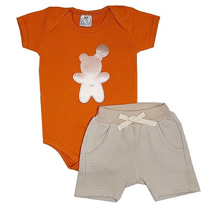 Conjunto Bebê Ursinho Laranja + Bermuda Saruel
