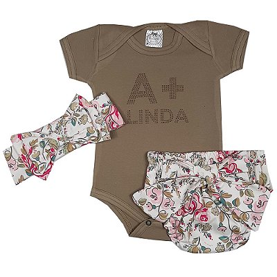 Conjunto Bebê Body A+ Linda Marrom + Calcinha Bloommers + Turbante