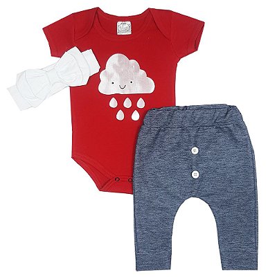 Conjunto Bebê Body Nuvem + Calça Saruel Jeans + Faixa