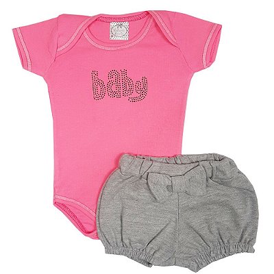 Conjunto Bebê Body Baby Rosa + Shorts Cinza