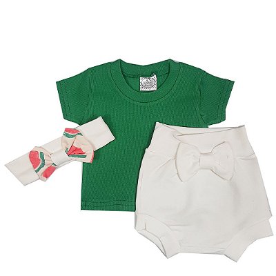 Conjunto Bebê Blusa Verde + Shorts Tapa Fralda + Turbante