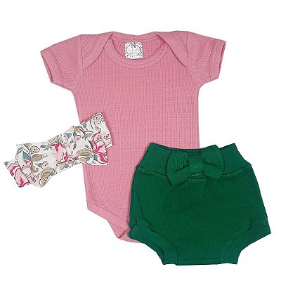 Conjunto Bebê Body Rosa + Tapa Fralda + Turbante
