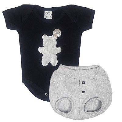 Conjunto Bebê Body Urso + Shorts Tapa Fralda Cinza