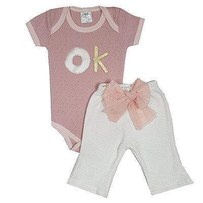 Conjunto Bebê Body Ok Rosa + Calça Flare