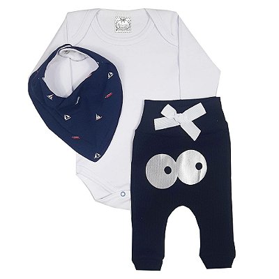 Conjunto Bebê Body Branco + Calça Ribana Azul Marinho + Bandana