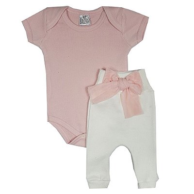 Conjunto Bebê Body Rosa Liso + Calça Com Laço