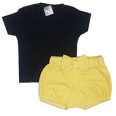 Conjunto Bebê Blusa Preta + Shorts Amarelo