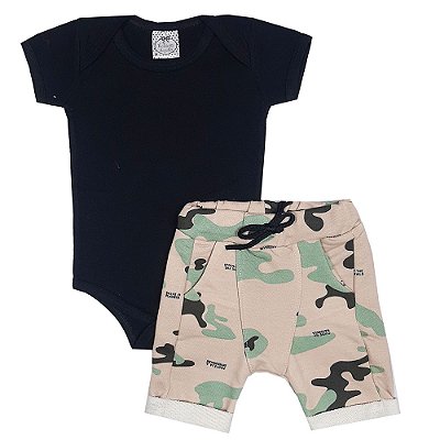 Conjunto Bebê Body Preto + Bermuda Saruel Camuflada