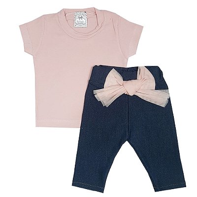 Conjunto Bebê Blusa Rosa + Legging Jeans