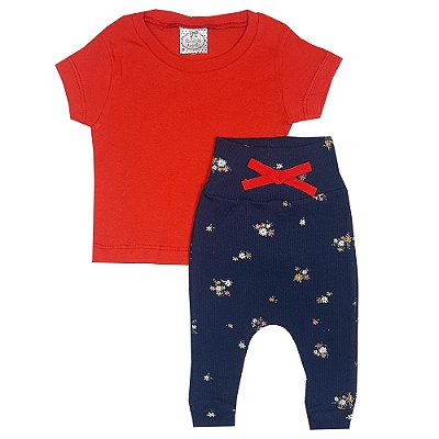 Conjunto Bebê Blusa Vermelha + Calça Flor