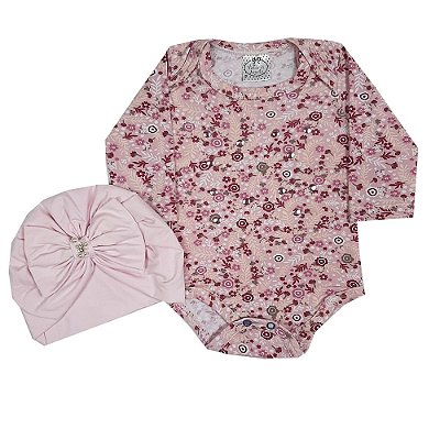 Body Bebê Rosa Floral + Turbante