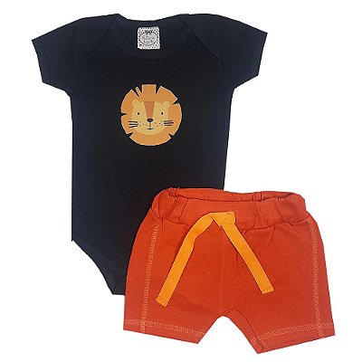 Conjunto Bebê Body Leão Preto + Bermuda Saruel Laranja
