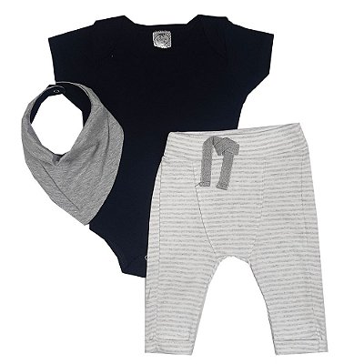 Conjunto Bebê Body Preto Liso + Calça Saruel Listrada + Bandana