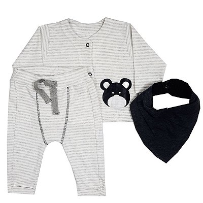 Conjunto Bebê Casaco E Calça Listrado + Bandana