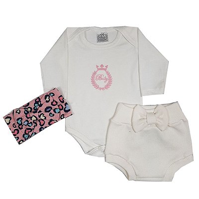 Conjunto Bebê Body Manga Longa + Shorts Tapa Fralda + Turbante