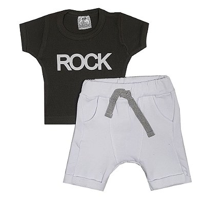 Conjunto Bebê Camiseta  Rock Verde + Bermuda Saruel Branca