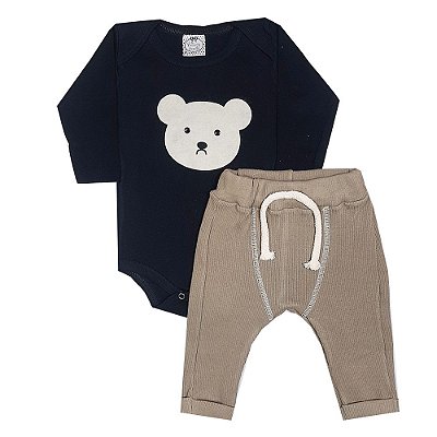 Conjunto Bebê Body Urso Preto + Calça Saruel Marrom