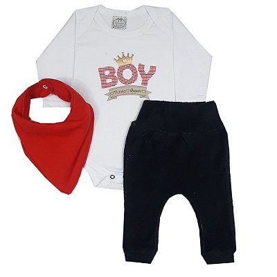 Conjunto Bebê Body Boy + Calça Preta + Bandana Vermelha