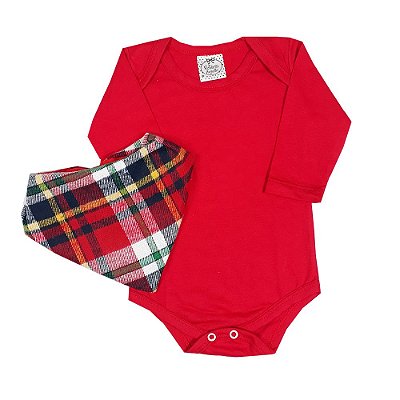 Body Bebê Vermelho + Bandana Xadrez