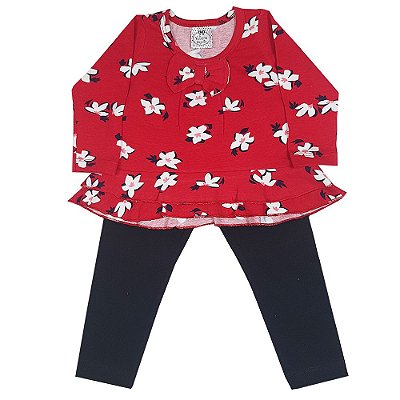 Conjunto Infantil Bata Flores + Legging Preta