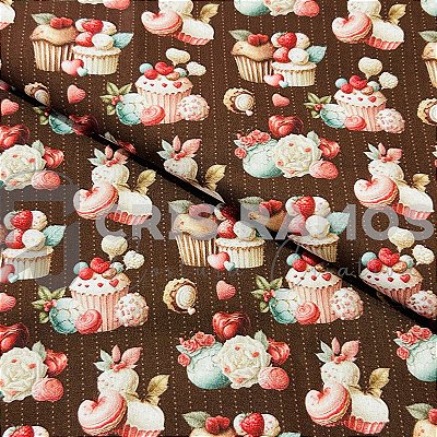 Tecido Cupcakes e Docinhos Marrom Digital (50cm x 150cm)